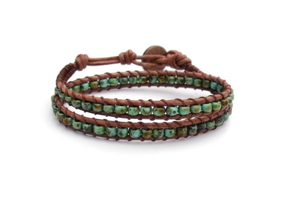 Turquoise Blue Green Leather Bracelet 