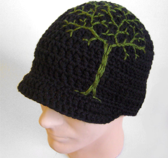 Mens Brimmed Beanie with Tree Design - Black and Green Cotton 